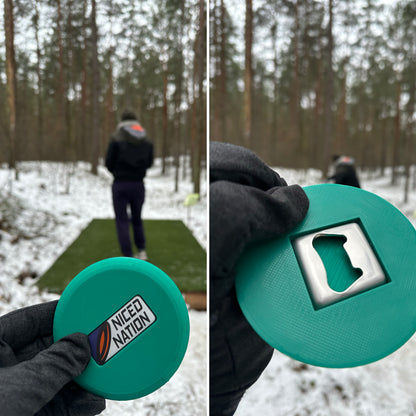 Disc Golf Mini Marker with a Built-in Bottle Opener